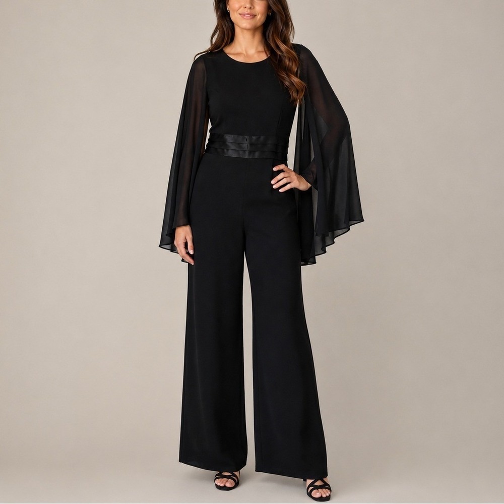 Adrianna Papell Long Cape Sleeve Jumpsuit 14 Black Wide Leg